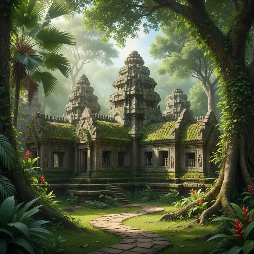 Struktur candi batu dikelilingi pepohonan